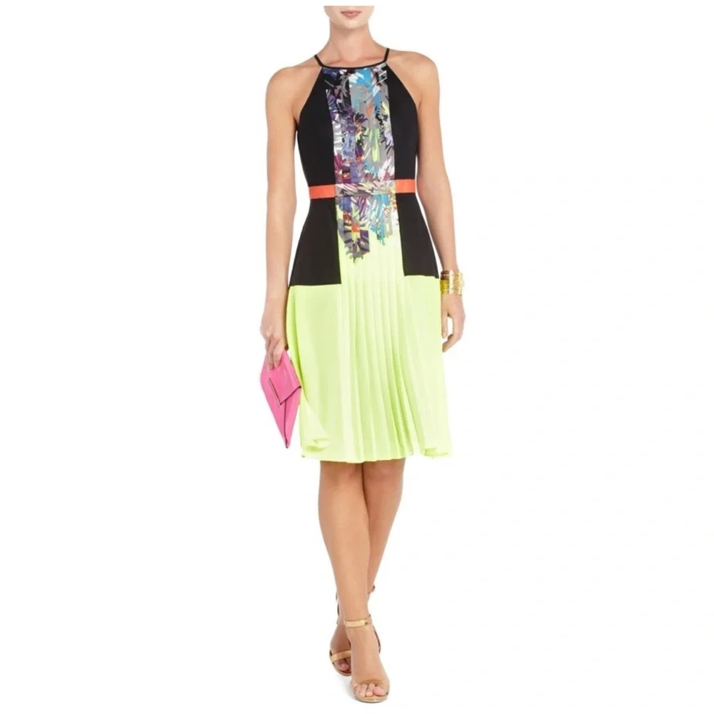 BCBGMaxAzria Black and Neon Green Floral Dress size 6 NWOT - Picture 2 of 15